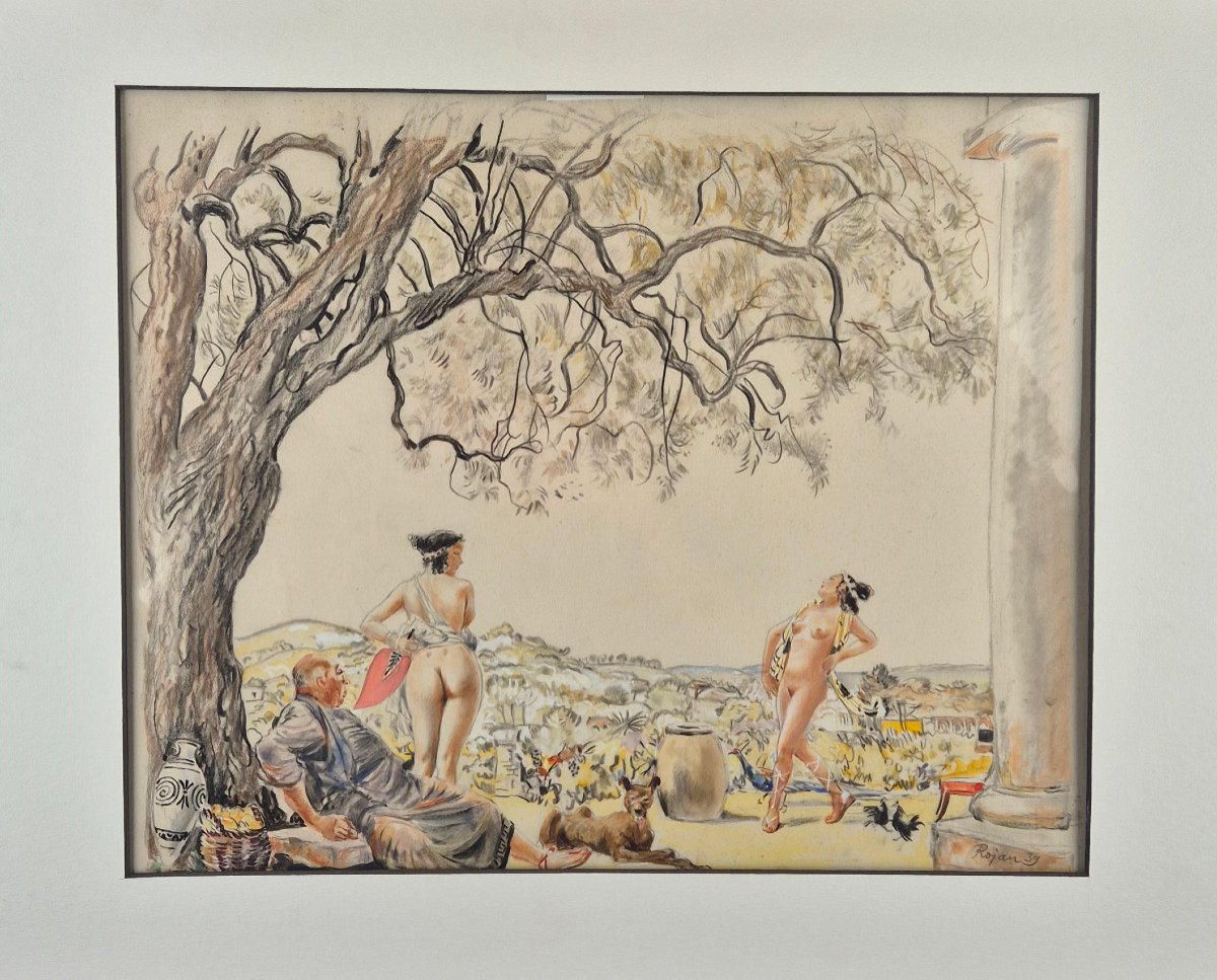 Rojan (rojankovsky, Known As) "mythological Scene" Large Original Watercolor 40 X 32 Cm Signed 1939-photo-2