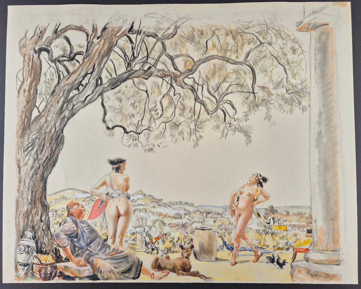 Rojan (rojankovsky, Known As) "mythological Scene" Large Original Watercolor 40 X 32 Cm Signed 1939-photo-3