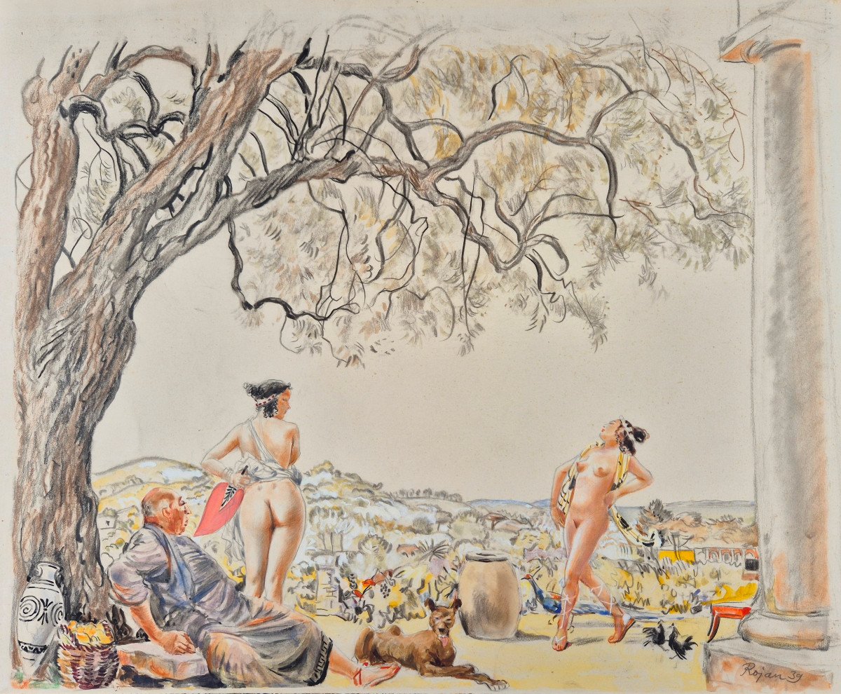 Rojan (rojankovsky, Known As) "mythological Scene" Large Original Watercolor 40 X 32 Cm Signed 1939