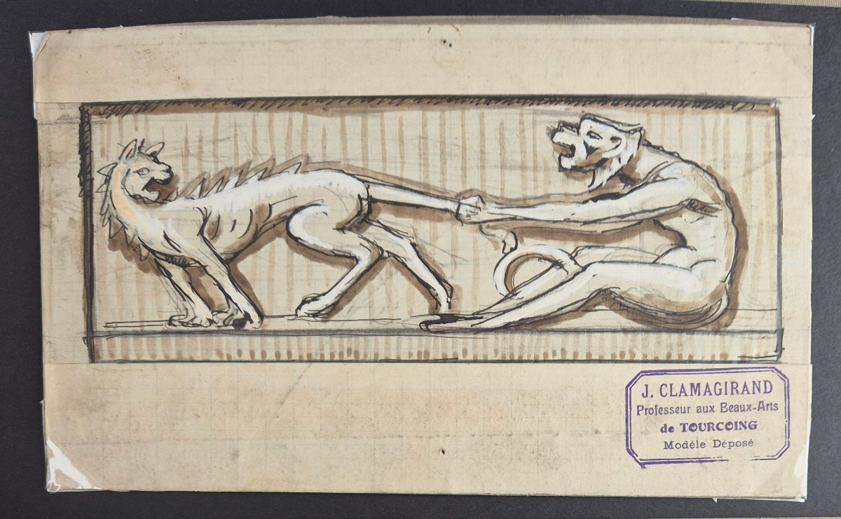 Jules Clamagirand (tourcoing) Set Of 26 Original Art Deco Drawings Sculptures Ornaments-photo-3