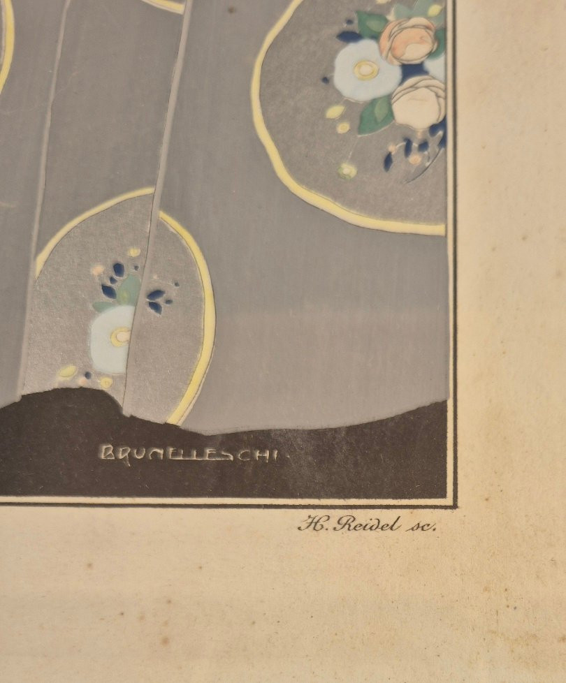 Umberto Brunelleschi "harlequin" Large Art Deco Stencil Original 1914 Framed Commedia Dell'arte-photo-1