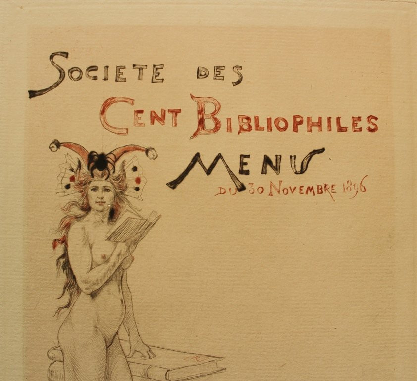 Armand Rassenfosse Menu Of The Society Of One Hundred Bibliophiles 1896 Original Color Etching-photo-3