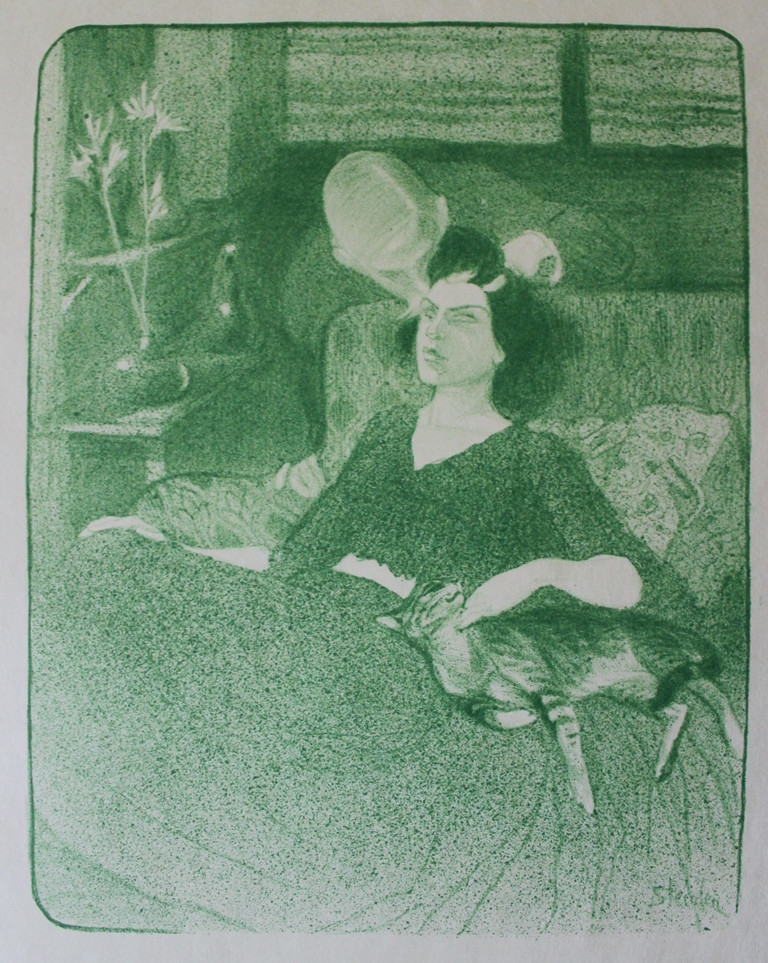 T.-A. STEINLEN "Volupté" couple & chats - Litho originale Japon Epreuve d'essai tirée en vert