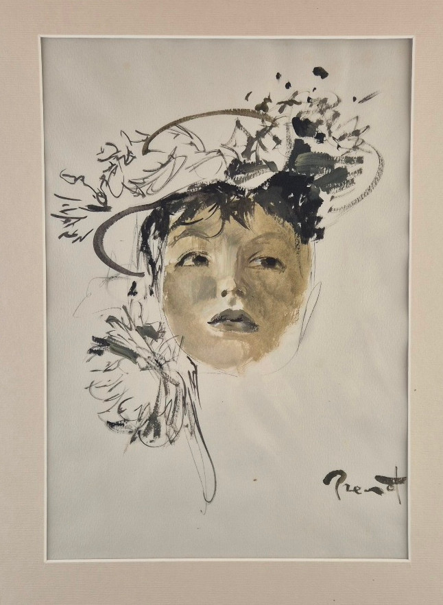 Pierre-laurent Brenot "woman's Face" Original Ink And Gouache, Signed, 42 X 29.5 Cm
