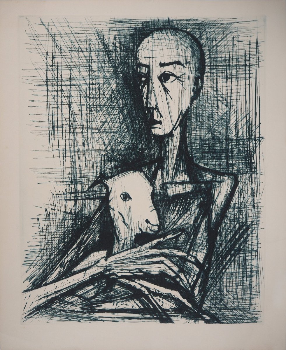 Bernard Buffet - "apocalypse, Saint John With The Lamb," Original Drypoint On Arches Paper, 1961