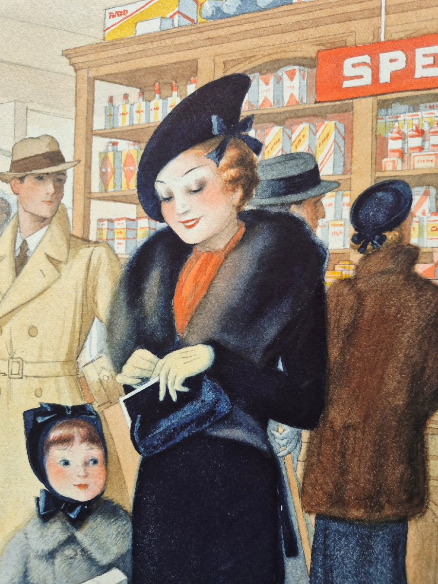 Jean Droit, "pharmacie Wagram": Original Art Deco Watercolor For The Pépin & Leboucq Laboratories-photo-3