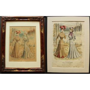 BAÏA "Elégantes" Aquarelle de mode originale 1898 + gravure pour le COQUET correspondante