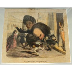 "Les Romantiques chassés du temple" Caricature aquarellée et gommée HUGO DUMAS encadrée 1838