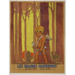 UNIQUE : André "Les Grandes Manoeuvres - Progression en sous-bois" Cupidon Aquarelle Art déco