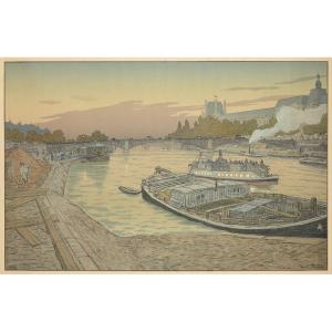 Henri RIVIERE "Le Pont des Saints-Pères et le Louvre" Lithographie originale entoilée 1900