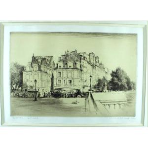Edgar Chahine "les Maisons Du Pont Neuf" - 1931 Original Etching And Drypoint In Ea