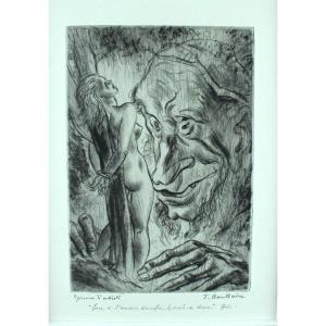 Jacques BOULLAIRE « Face à l’Amour crucifié, le mal se dresse » Gide - 1932 Burin original E.A.