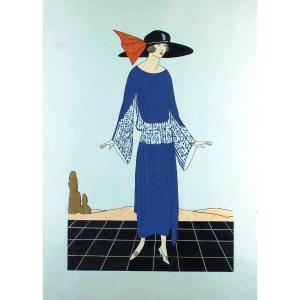 Women's Fashion Large Original Art Deco Gouache 45 X 32 Cm Garçonne Dress #6