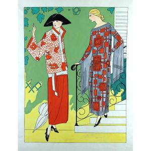 Mode Femmes Grande Gouache originale Art Déco 45 X 32 cm Robes Garçonnes #14