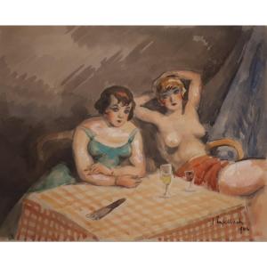 Jacques Engelbach "rest At The Bistro" Nude Original Watercolor Signed And Dated 1942