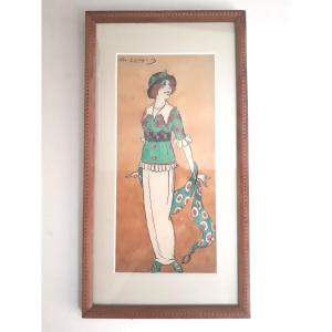 Daniel De Losques - Mistinguett - Original Gouache On Cardboard 34 X 15.5 Cm Signed And Framed