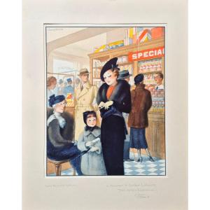 Jean DROIT "Pharmacie Wagram" Aquarelle originale Art déco pour laboratoires Pépin & Leboucq