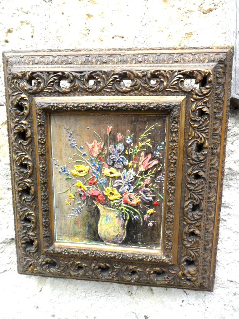 Tableau Peinture Au Couteau, Vase De Fleurs Sur Panneau 