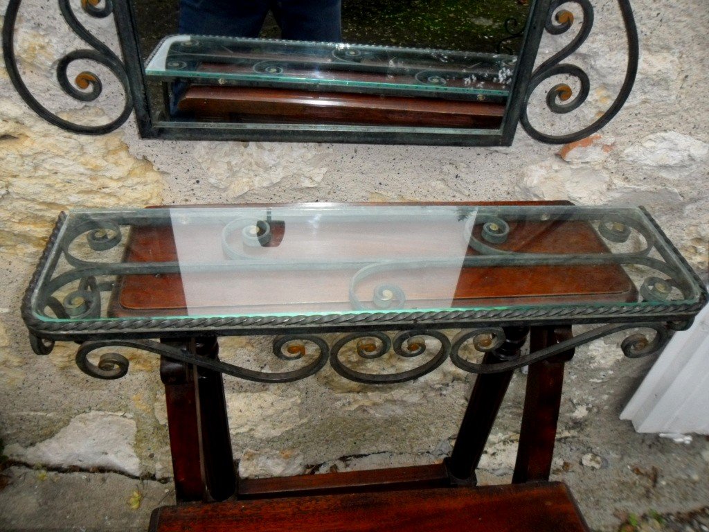 Mirror And Its Wall Console In Art Deco Wrought Iron-photo-1
