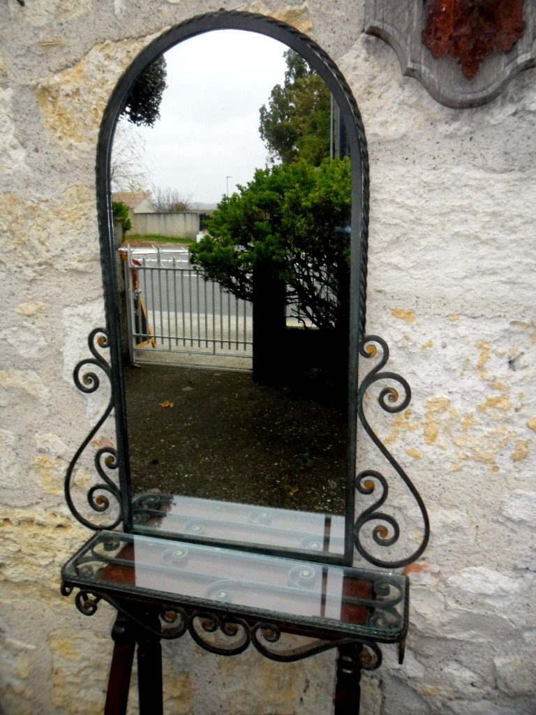 Mirror And Its Wall Console In Art Deco Wrought Iron