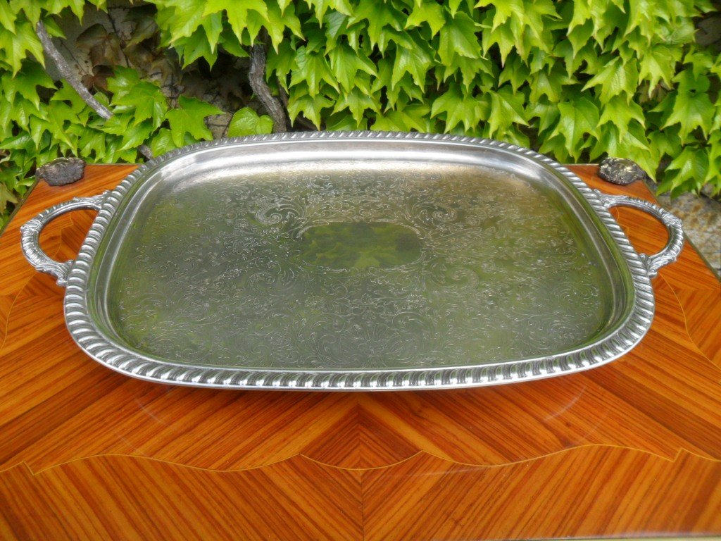 Large Rocaille Style Silver Metal Tray-photo-2