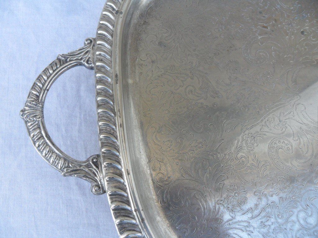Large Rocaille Style Silver Metal Tray-photo-3