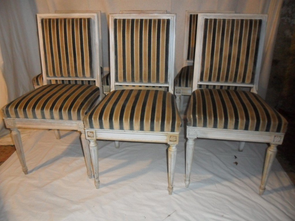 Six Louis XVI Style Straight Chairs In Painted Wood-photo-2