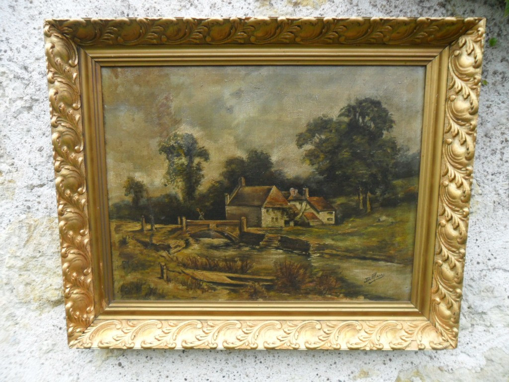 Oil On Canvas Riverside Landscape 19th Century