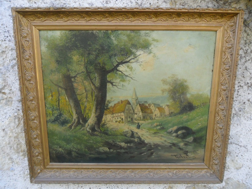 Huile Sur Toile Entrée de Village  19ème