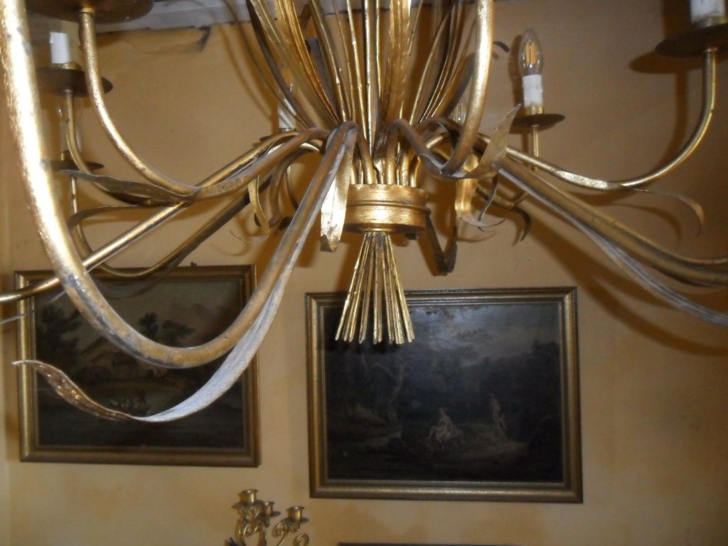 Grand Luminaire à 12 luminières en Métal Doré des Années 70 à Décor Végétal-photo-2