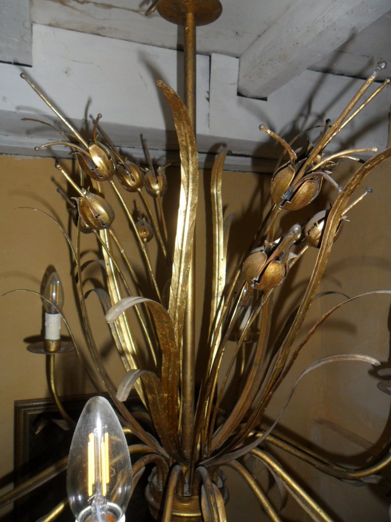 Grand Luminaire à 12 luminières en Métal Doré des Années 70 à Décor Végétal-photo-3
