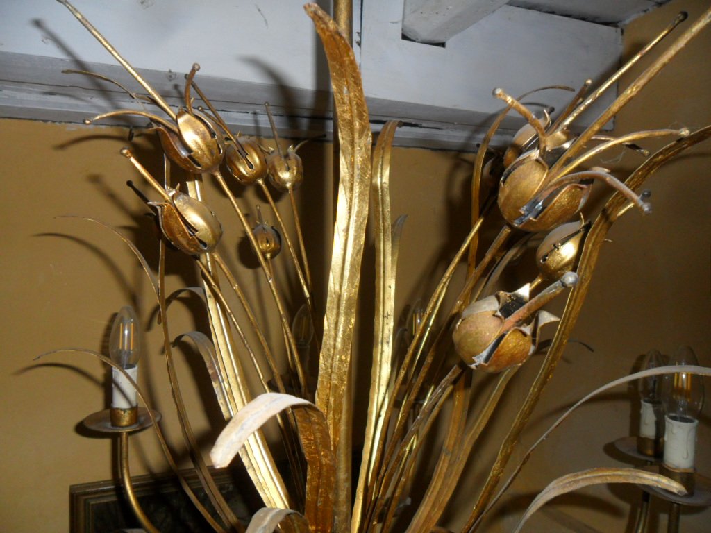 Grand Luminaire à 12 luminières en Métal Doré des Années 70 à Décor Végétal-photo-4