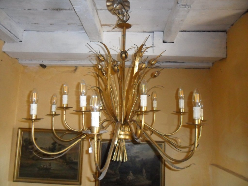 Grand Luminaire à 12 luminières en Métal Doré des Années 70 à Décor Végétal-photo-1