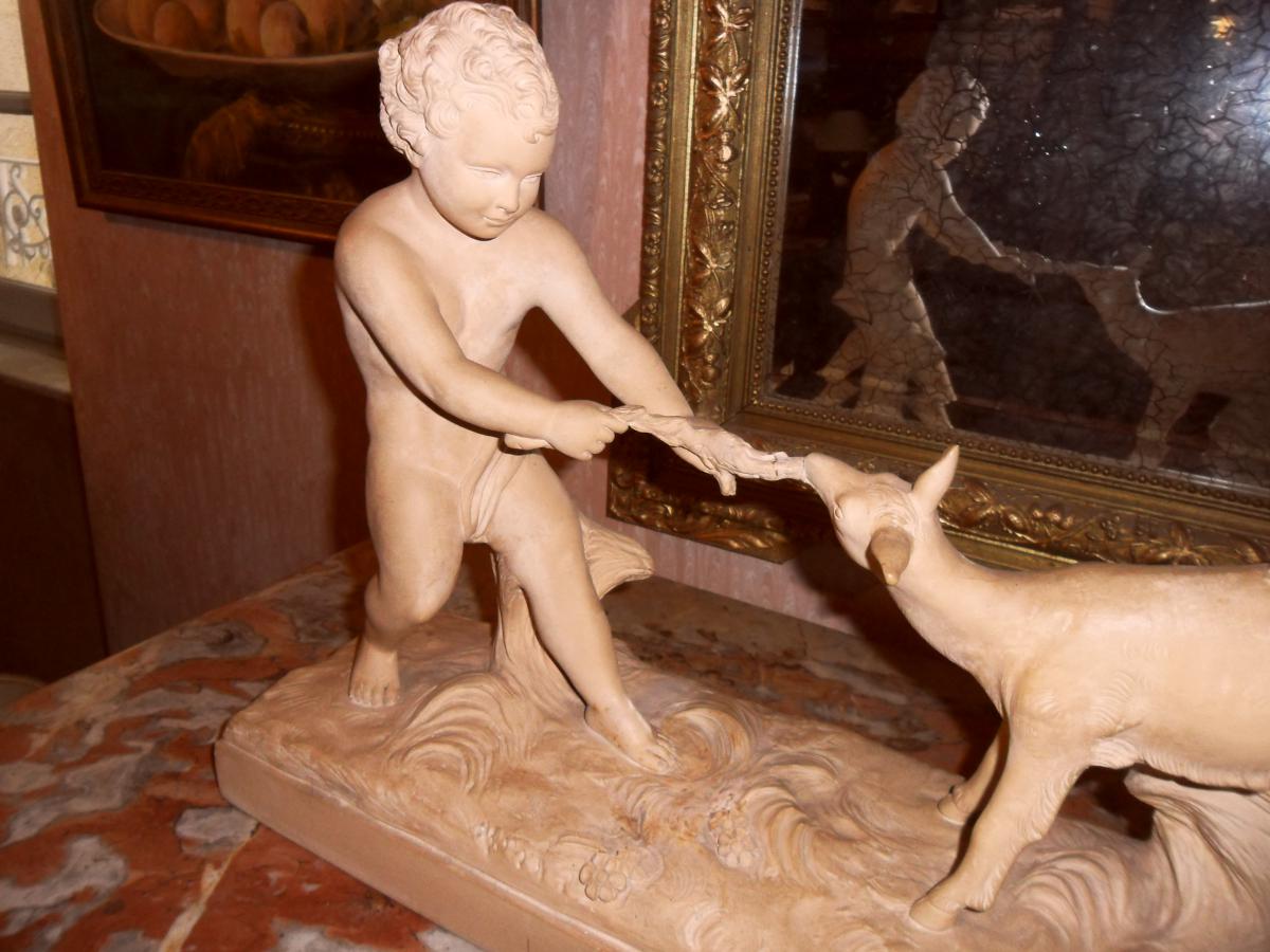 Terracotta "children And Doe" By Hugo Cipriani-photo-4