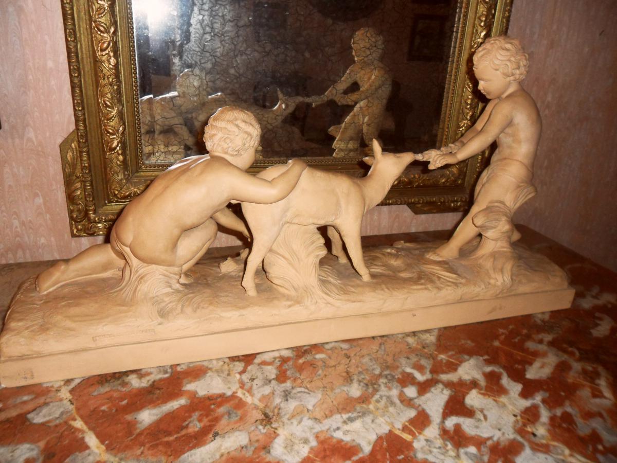 Terracotta "children And Doe" By Hugo Cipriani-photo-1