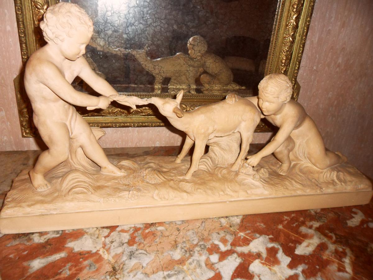 Terracotta "children And Doe" By Hugo Cipriani-photo-4