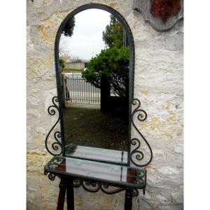 Mirror And Its Wall Console In Art Deco Wrought Iron