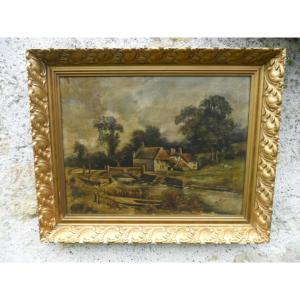 Oil On Canvas Riverside Landscape 19th Century