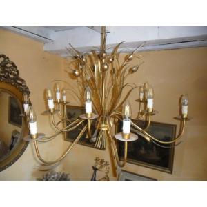 Grand Luminaire à 12 luminières en Métal Doré des Années 70 à Décor Végétal