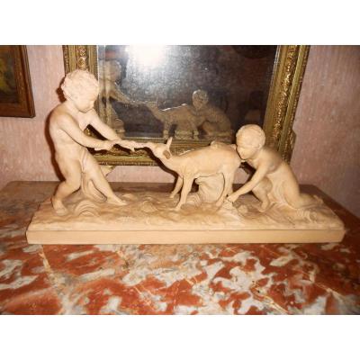 Terracotta "children And Doe" By Hugo Cipriani