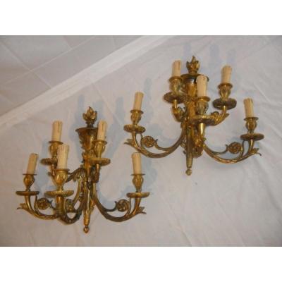 Large Pair Of 5 Light Louis XVI Style Gilt Bronze Sconces