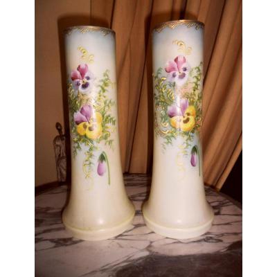 Pair Of Enameled Opaline Vases