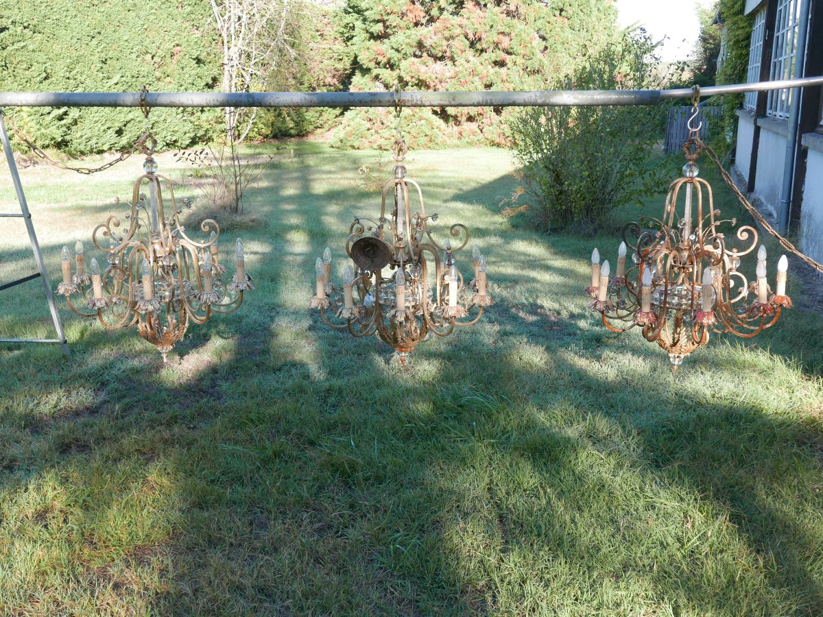 A Rare Set Of Three Gilded Metal Chandeliers-photo-8