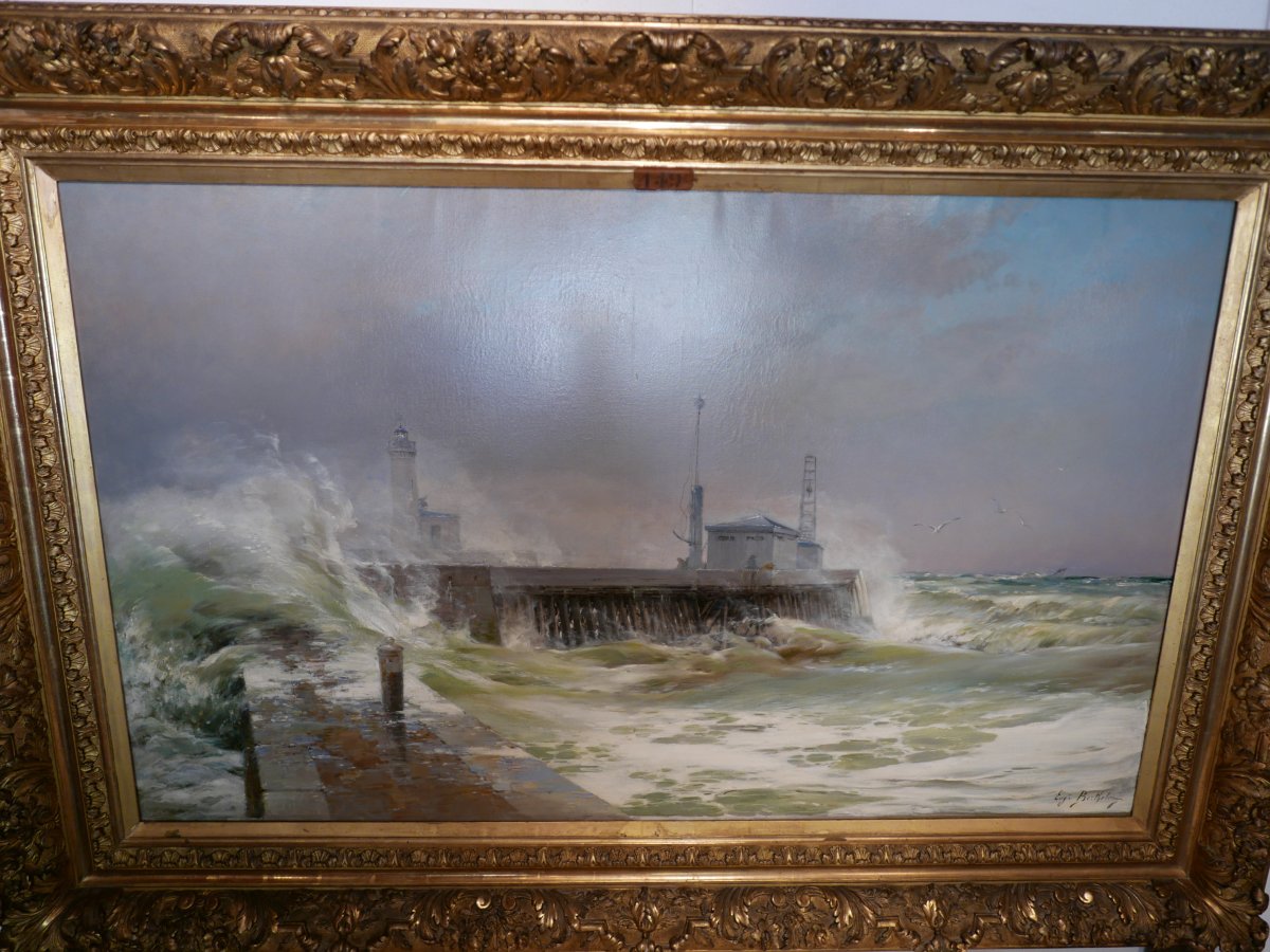 Eugène Berthelon (1830-1914) Storm On The Pier-photo-2