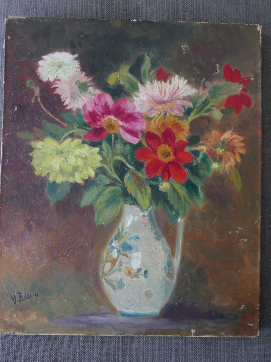 Nature Morte Bouquet De Fleurs Huile Sur Toile Signée -photo-2