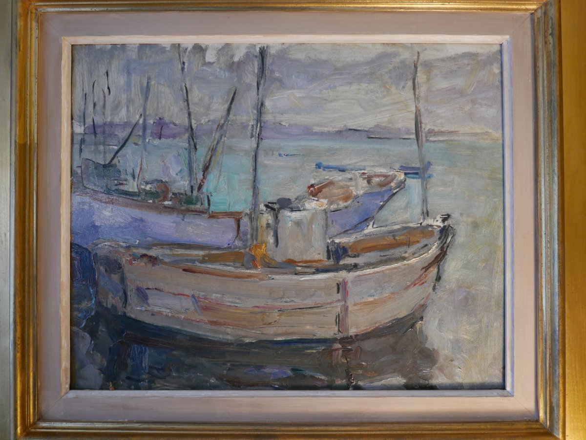 Oil On Panel Fishing Boat In Port 20th-photo-2