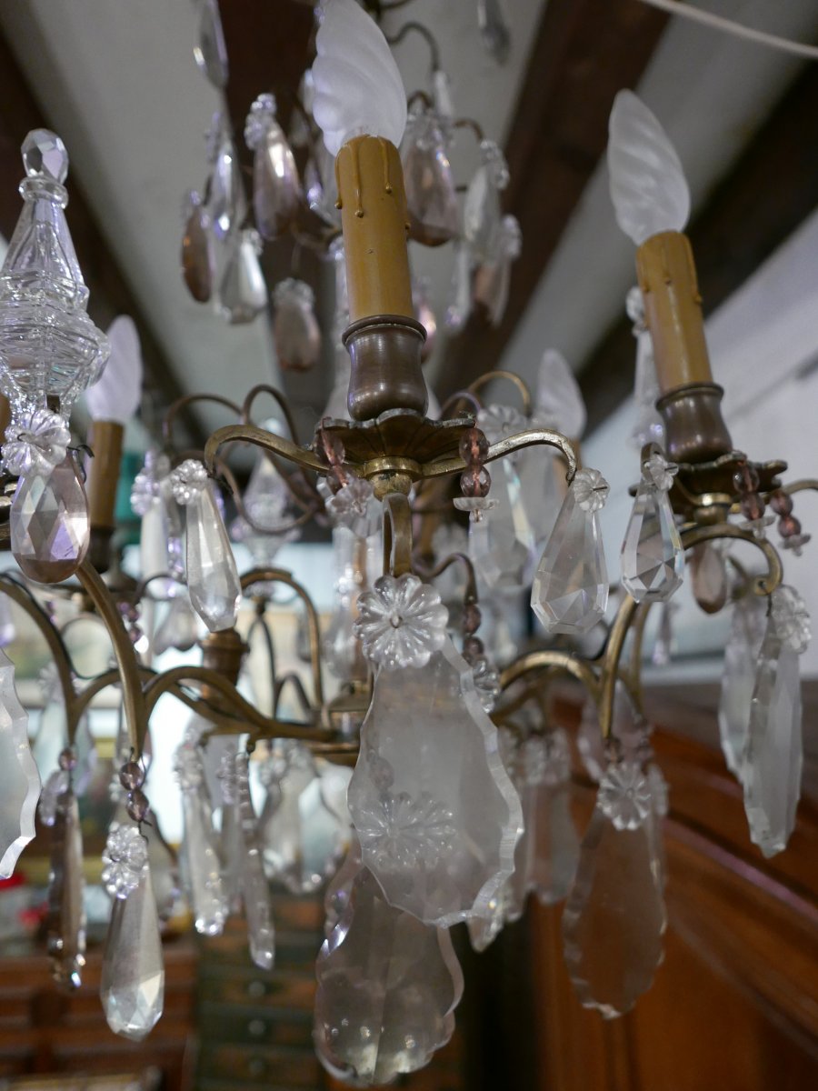 Chandelier A Pampilles Early 20th In Bronze, Crystal And Glass-photo-2