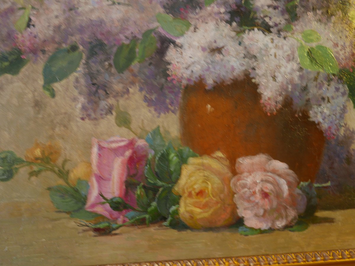 Oil On Canvas Louis Félix Bigaux Bouquet Of Lilacs-photo-2