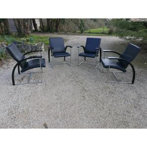 Suite De Quatre Fauteuils En Cuir 70s