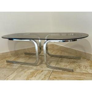 Oval Chrome Coffee Table And Smoked Glass Top 1970s